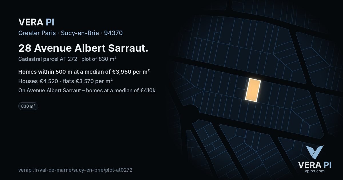 28 Avenue Albert Sarraut, Sucy-en-Brie at night – the plot lit, the parcels around coloured by the prices near them