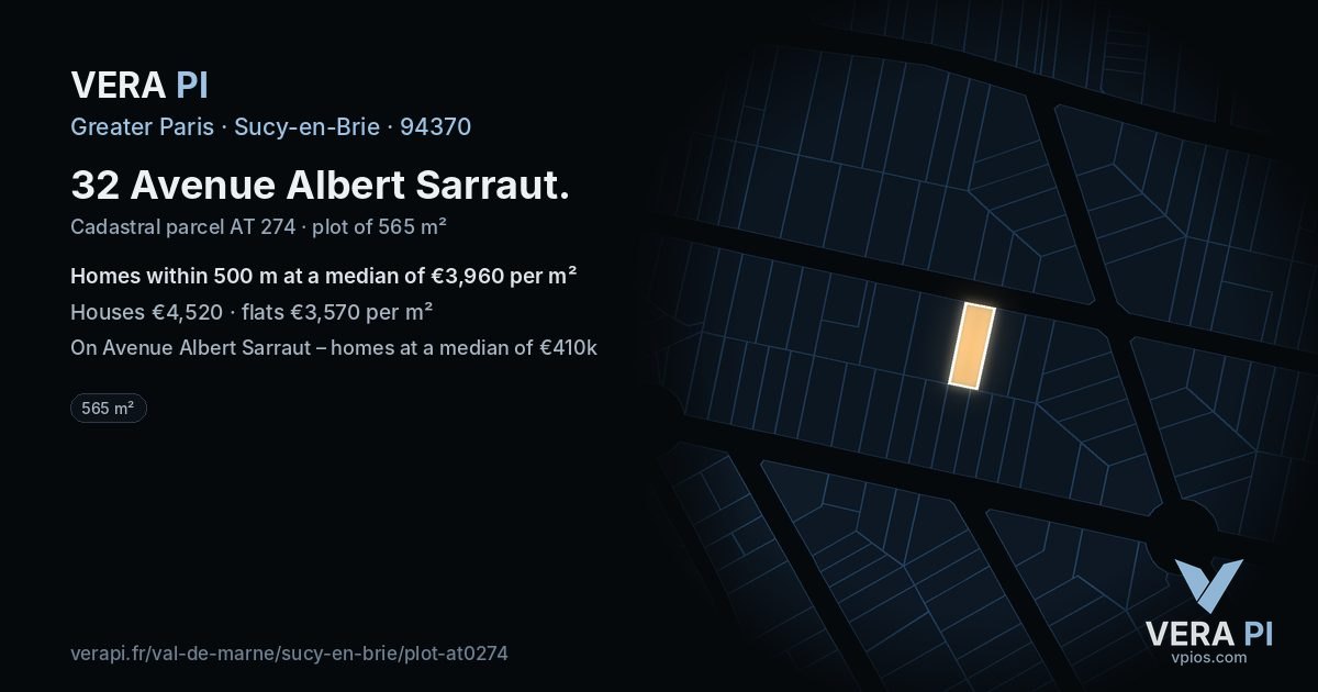 32 Avenue Albert Sarraut, Sucy-en-Brie at night – the plot lit, the parcels around coloured by the prices near them