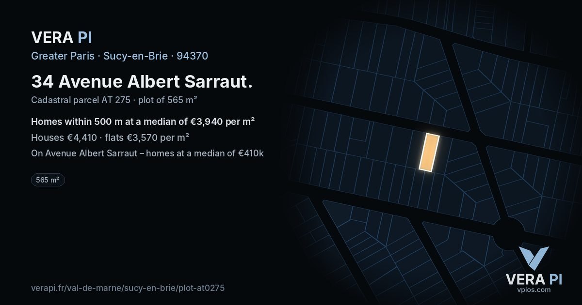 34 Avenue Albert Sarraut, Sucy-en-Brie at night – the plot lit, the parcels around coloured by the prices near them