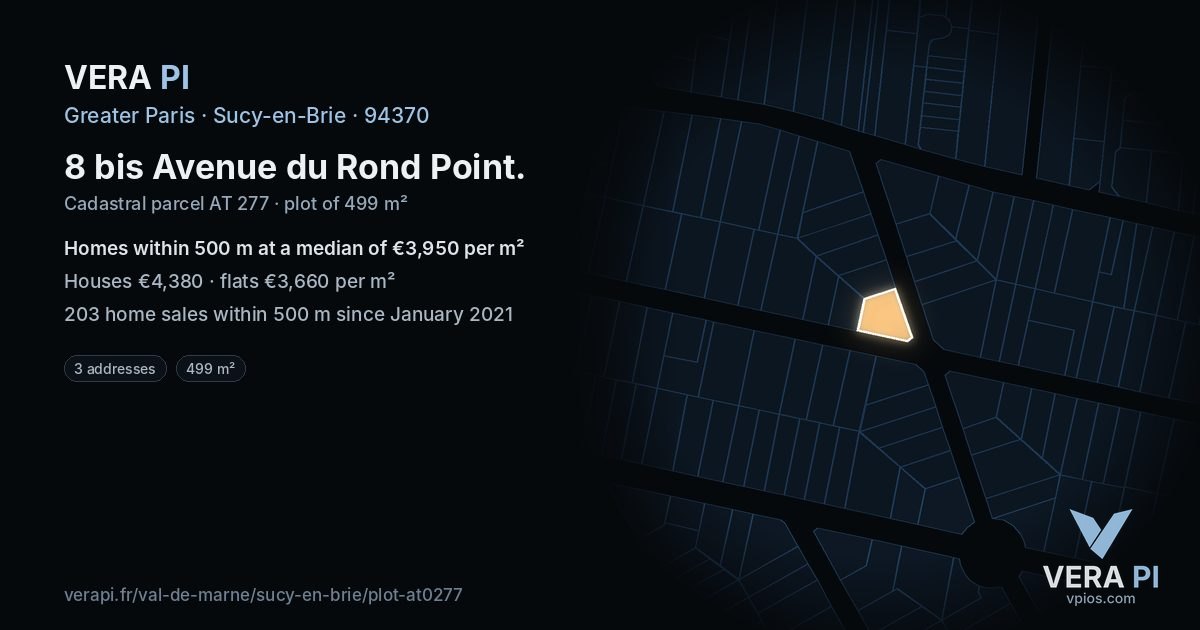 8 bis Avenue du Rond Point, Sucy-en-Brie at night – the plot lit, the parcels around coloured by the prices near them