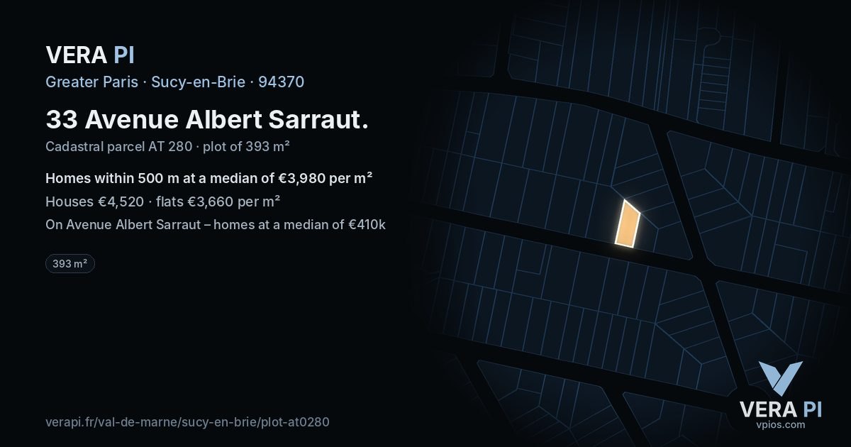 33 Avenue Albert Sarraut, Sucy-en-Brie at night – the plot lit, the parcels around coloured by the prices near them