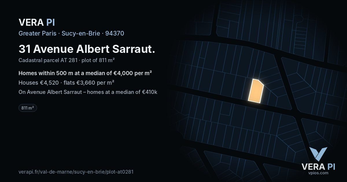 31 Avenue Albert Sarraut, Sucy-en-Brie at night – the plot lit, the parcels around coloured by the prices near them