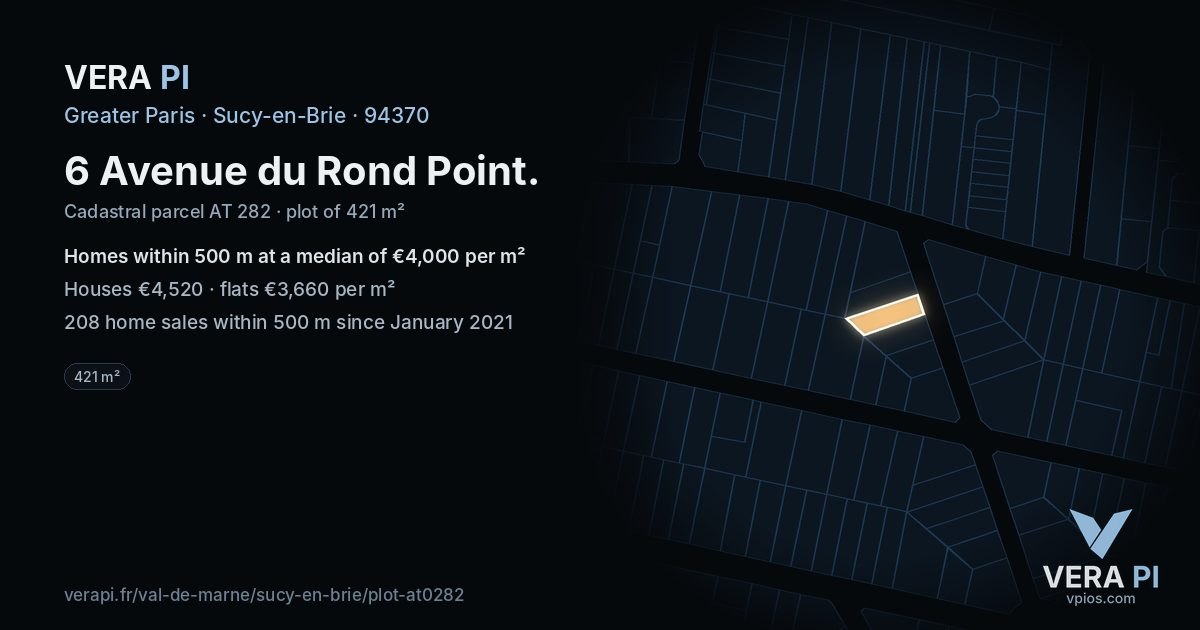 6 Avenue du Rond Point, Sucy-en-Brie at night – the plot lit, the parcels around coloured by the prices near them