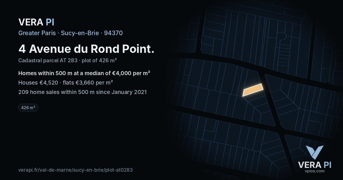 4 Avenue du Rond Point, Sucy-en-Brie at night – the plot lit, the parcels around coloured by the prices near them