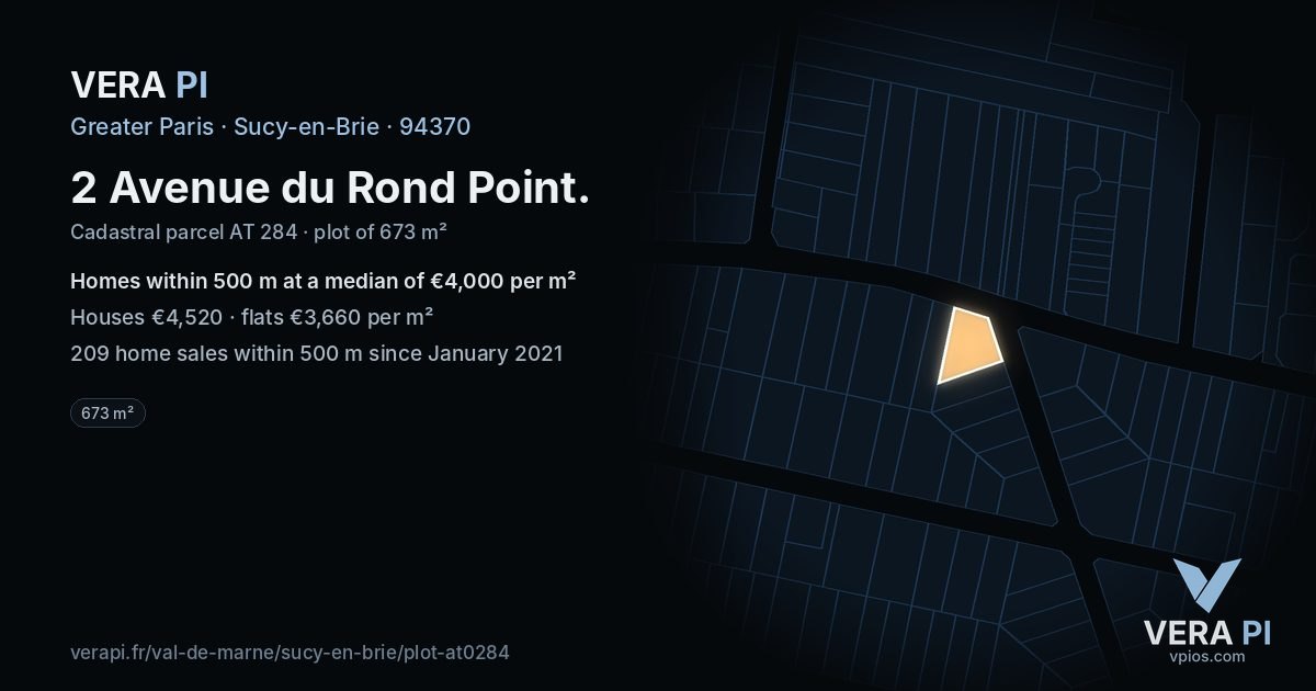 2 Avenue du Rond Point, Sucy-en-Brie at night – the plot lit, the parcels around coloured by the prices near them