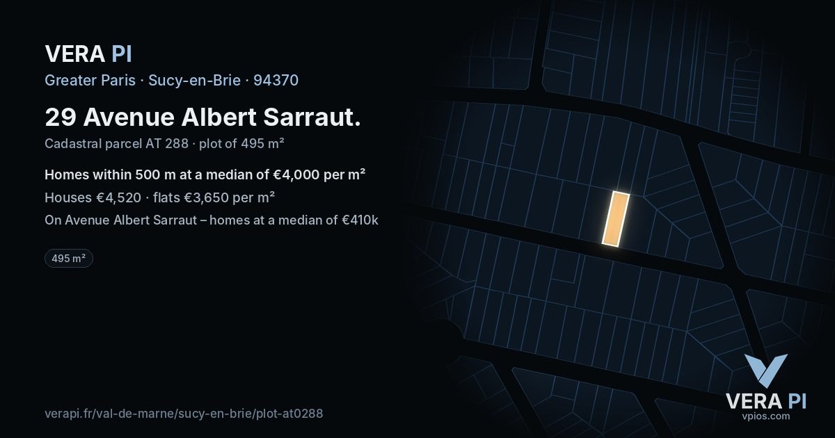 29 Avenue Albert Sarraut, Sucy-en-Brie at night – the plot lit, the parcels around coloured by the prices near them