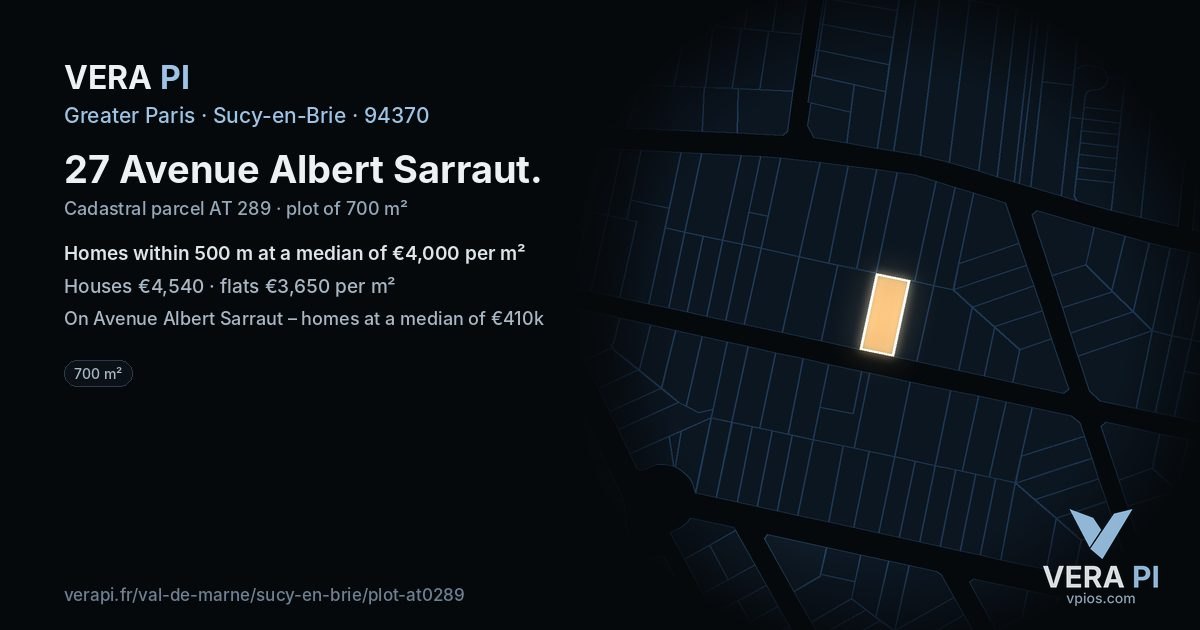27 Avenue Albert Sarraut, Sucy-en-Brie at night – the plot lit, the parcels around coloured by the prices near them