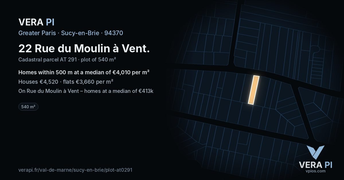 22 Rue du Moulin à Vent, Sucy-en-Brie at night – the plot lit, the parcels around coloured by the prices near them