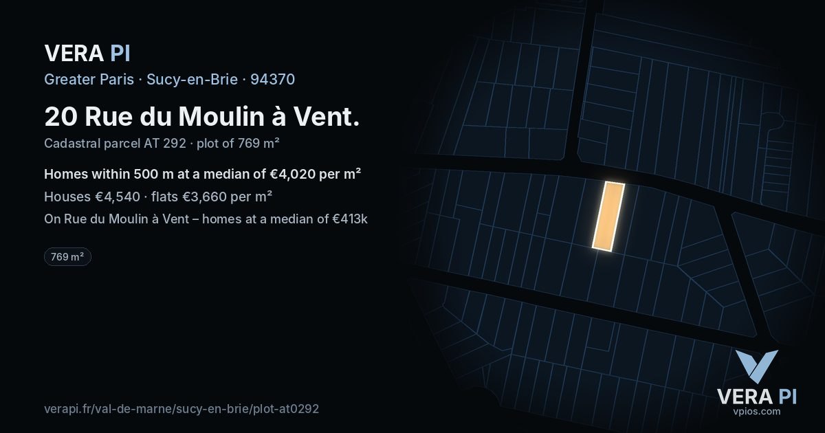 20 Rue du Moulin à Vent, Sucy-en-Brie at night – the plot lit, the parcels around coloured by the prices near them