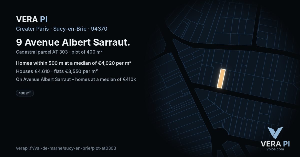 9 Avenue Albert Sarraut, Sucy-en-Brie at night – the plot lit, the parcels around coloured by the prices near them