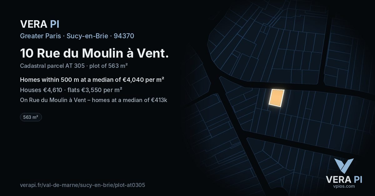 10 Rue du Moulin à Vent, Sucy-en-Brie at night – the plot lit, the parcels around coloured by the prices near them