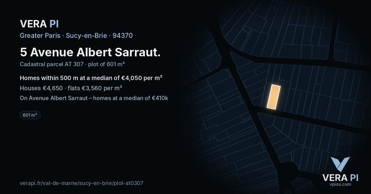 5 Avenue Albert Sarraut, Sucy-en-Brie at night – the plot lit, the parcels around coloured by the prices near them