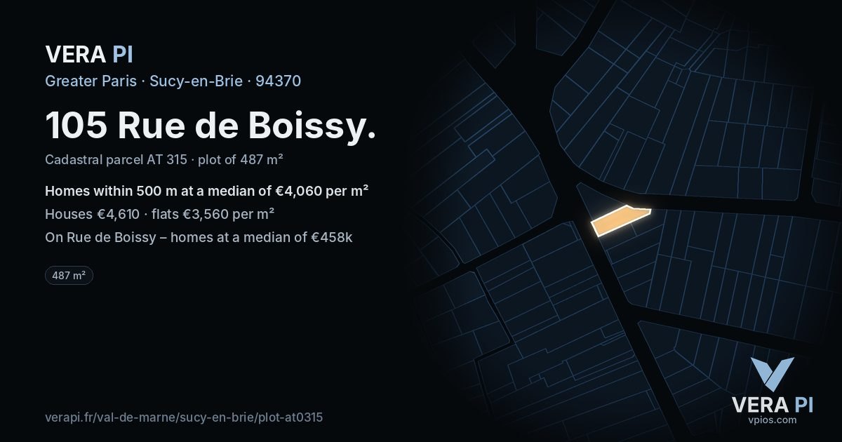 105 Rue de Boissy, Sucy-en-Brie at night – the plot lit, the parcels around coloured by the prices near them