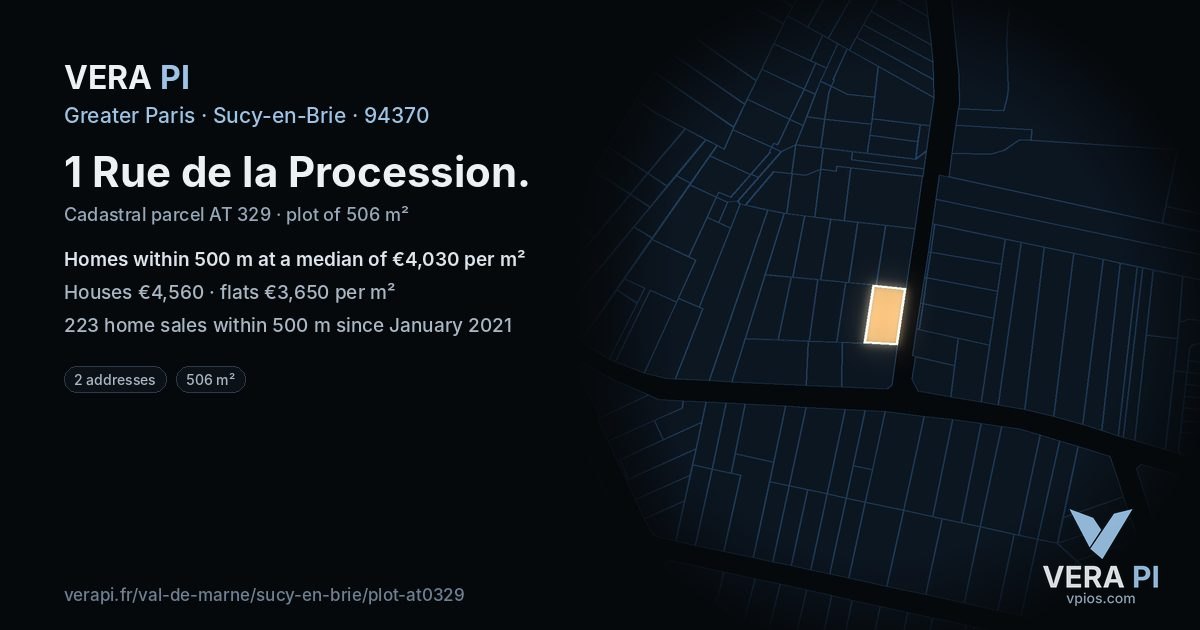 1 Rue de la Procession, Sucy-en-Brie at night – the plot lit, the parcels around coloured by the prices near them