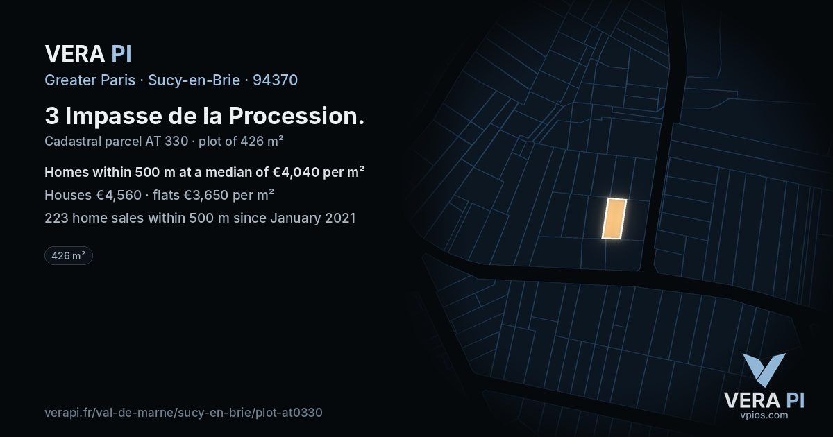 3 Impasse de la Procession, Sucy-en-Brie at night – the plot lit, the parcels around coloured by the prices near them