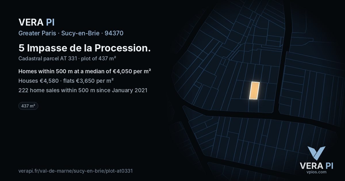 5 Impasse de la Procession, Sucy-en-Brie at night – the plot lit, the parcels around coloured by the prices near them