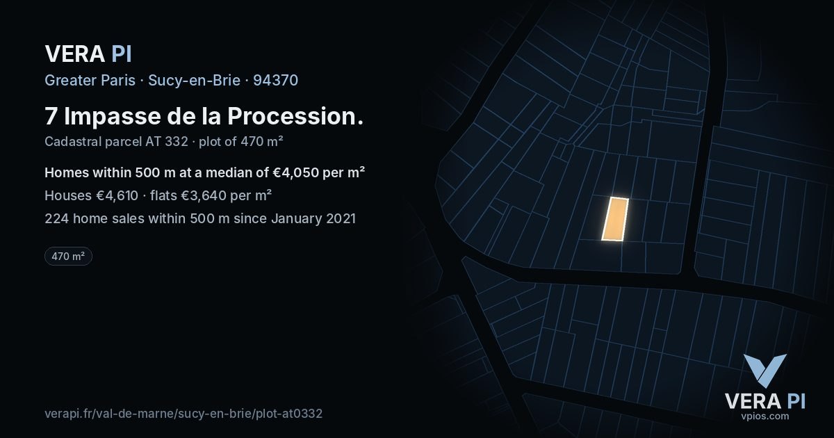 7 Impasse de la Procession, Sucy-en-Brie at night – the plot lit, the parcels around coloured by the prices near them