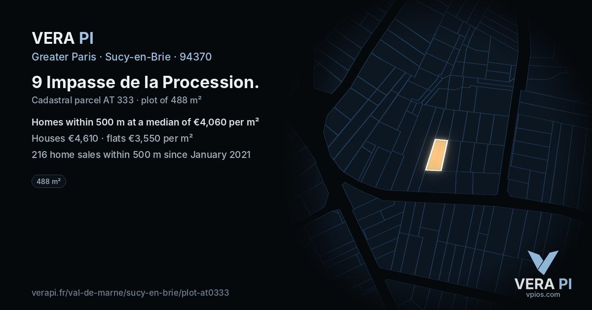 9 Impasse de la Procession, Sucy-en-Brie at night – the plot lit, the parcels around coloured by the prices near them