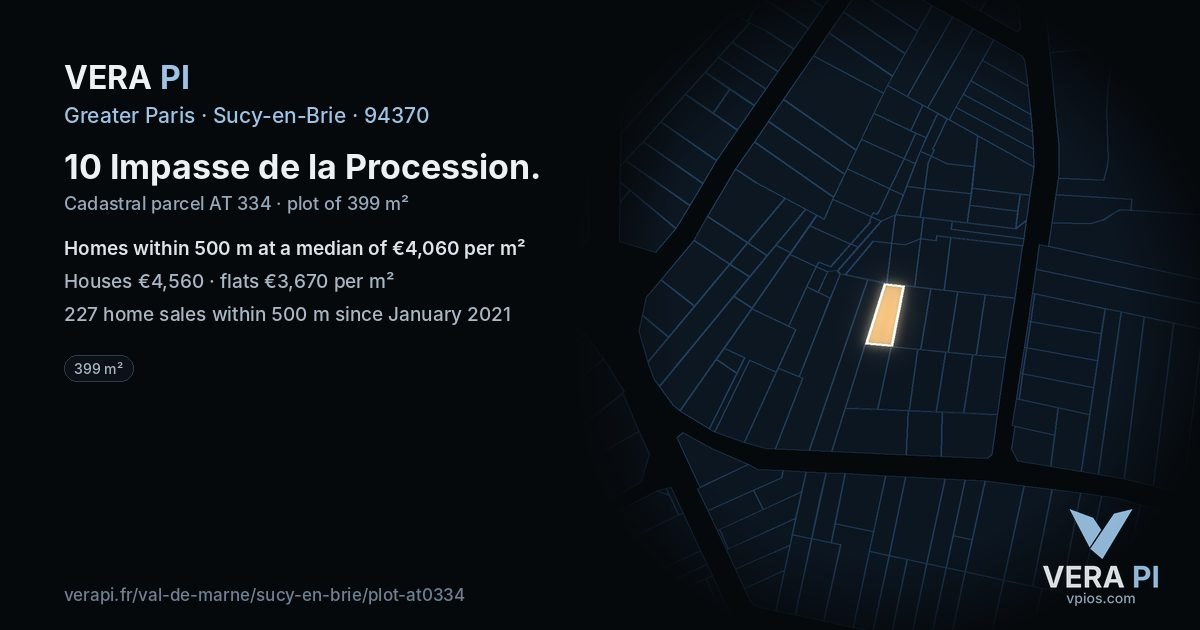 10 Impasse de la Procession, Sucy-en-Brie at night – the plot lit, the parcels around coloured by the prices near them