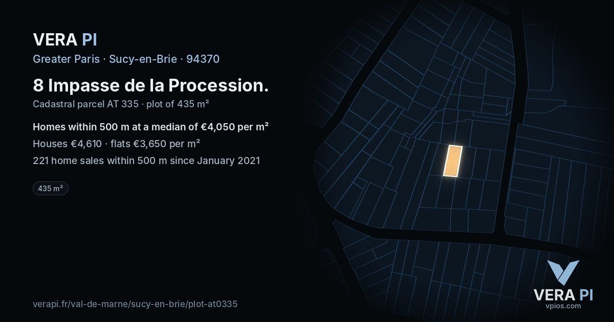 8 Impasse de la Procession, Sucy-en-Brie at night – the plot lit, the parcels around coloured by the prices near them