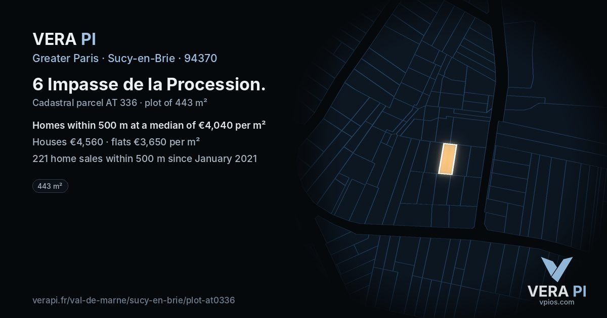 6 Impasse de la Procession, Sucy-en-Brie at night – the plot lit, the parcels around coloured by the prices near them