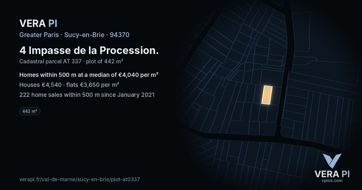 4 Impasse de la Procession, Sucy-en-Brie at night – the plot lit, the parcels around coloured by the prices near them