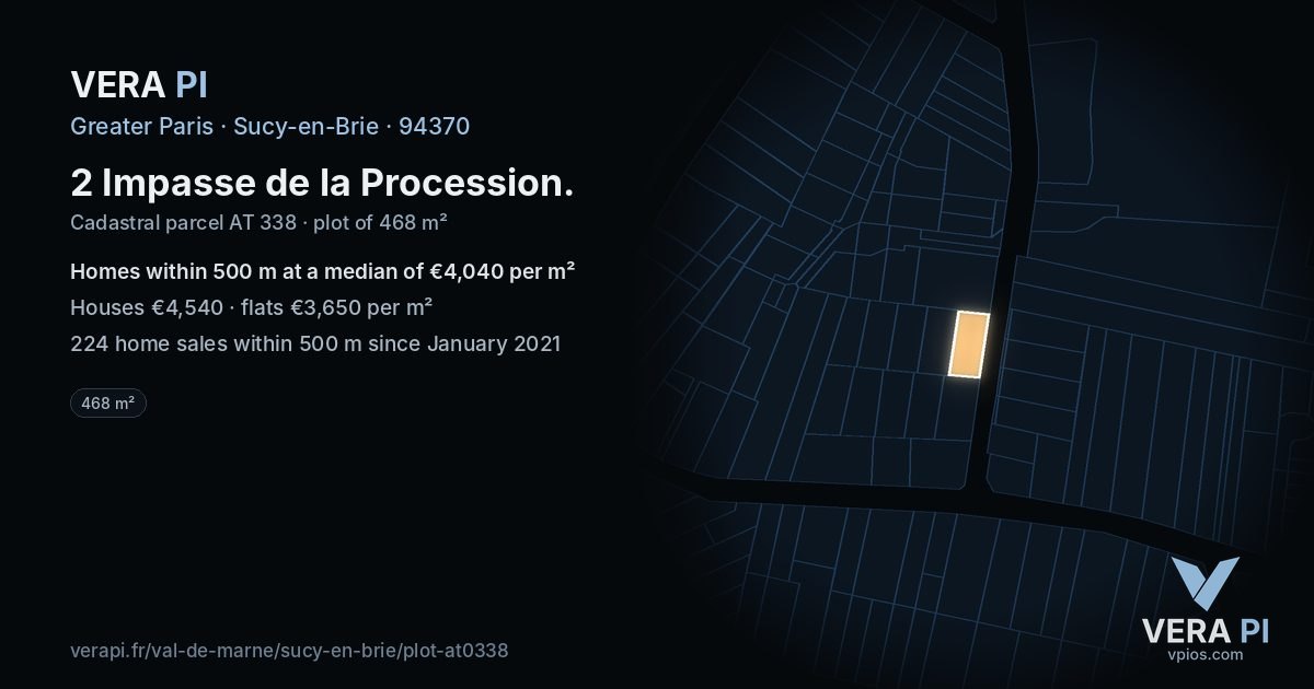 2 Impasse de la Procession, Sucy-en-Brie at night – the plot lit, the parcels around coloured by the prices near them