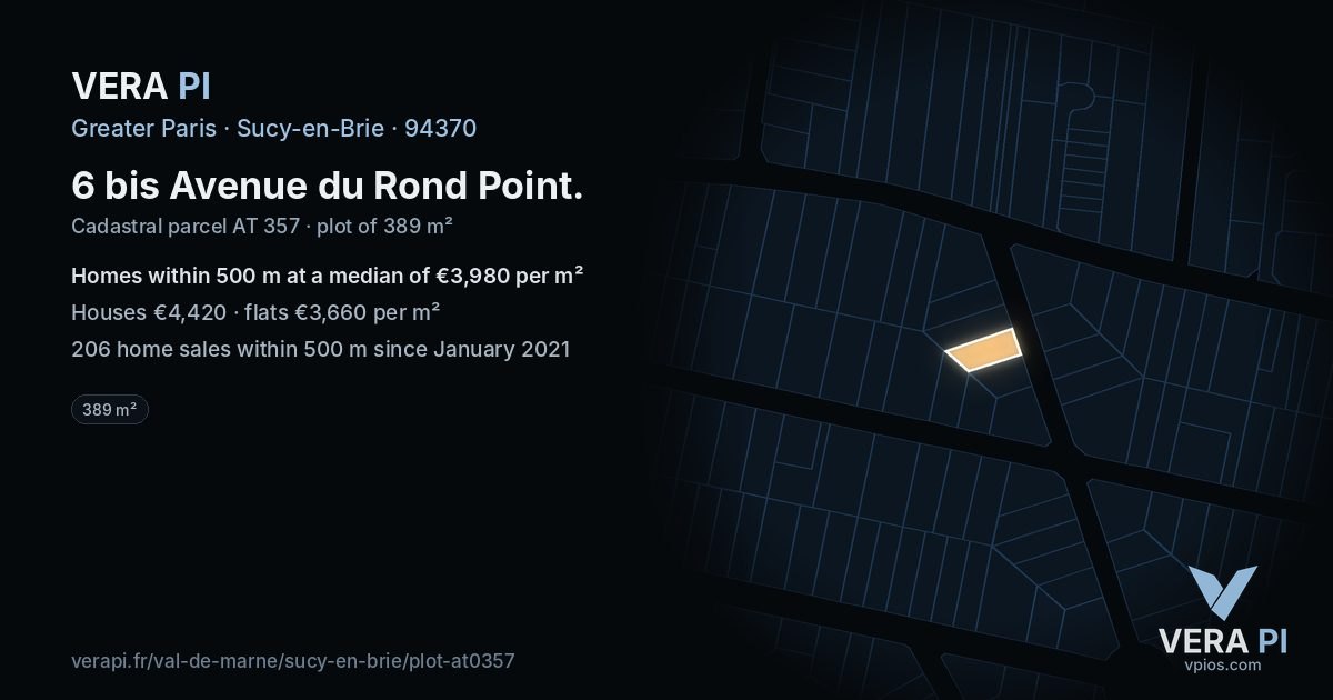 6 bis Avenue du Rond Point, Sucy-en-Brie at night – the plot lit, the parcels around coloured by the prices near them