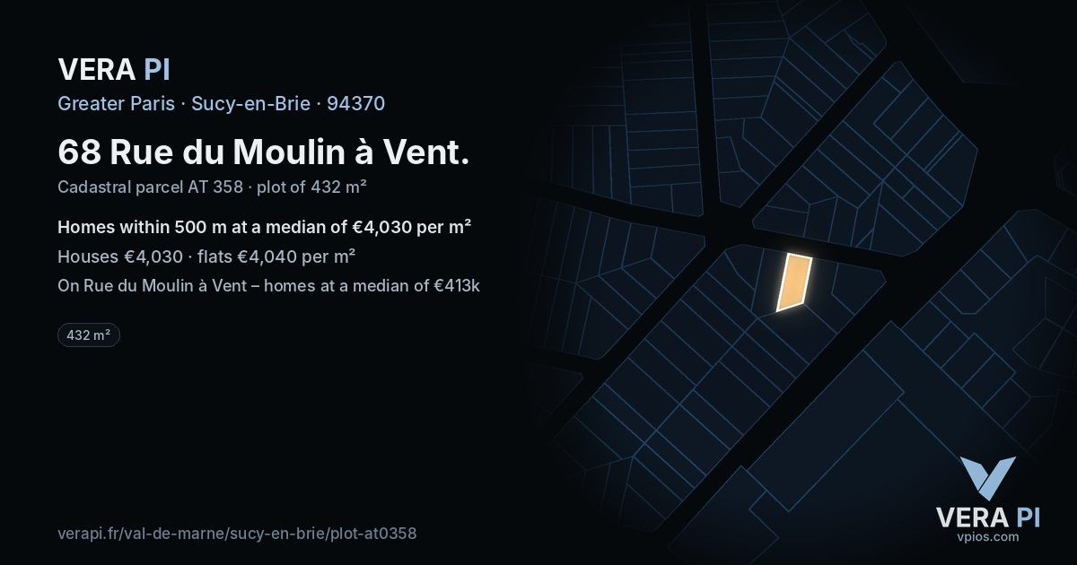 68 Rue du Moulin à Vent, Sucy-en-Brie at night – the plot lit, the parcels around coloured by the prices near them
