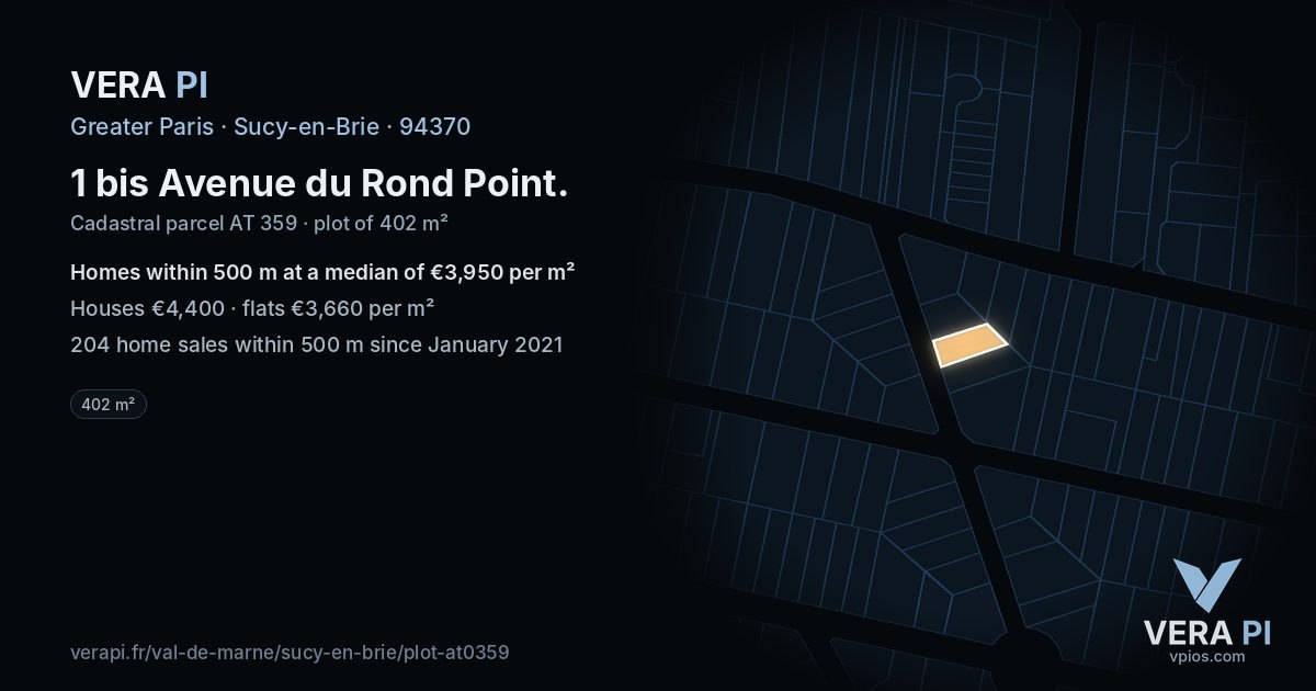 1 bis Avenue du Rond Point, Sucy-en-Brie at night – the plot lit, the parcels around coloured by the prices near them