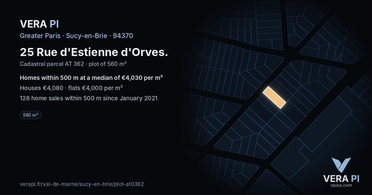 25 Rue d'Estienne d'Orves, Sucy-en-Brie at night – the plot lit, the parcels around coloured by the prices near them