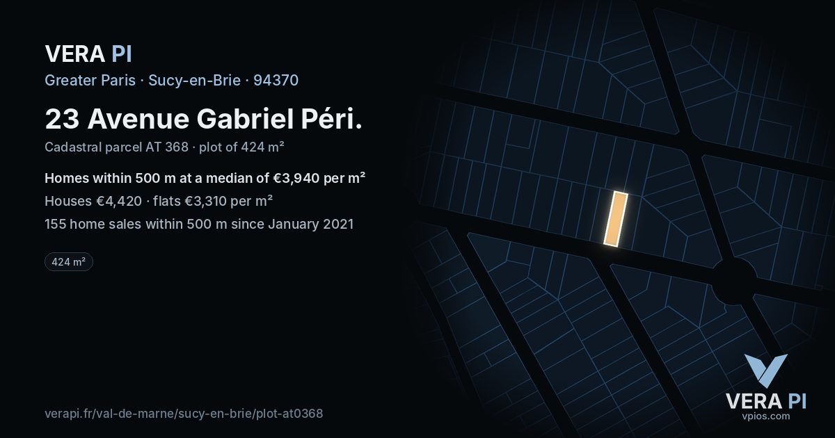 23 Avenue Gabriel Péri, Sucy-en-Brie at night – the plot lit, the parcels around coloured by the prices near them