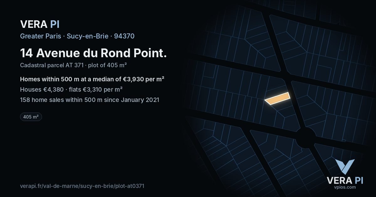 14 Avenue du Rond Point, Sucy-en-Brie at night – the plot lit, the parcels around coloured by the prices near them