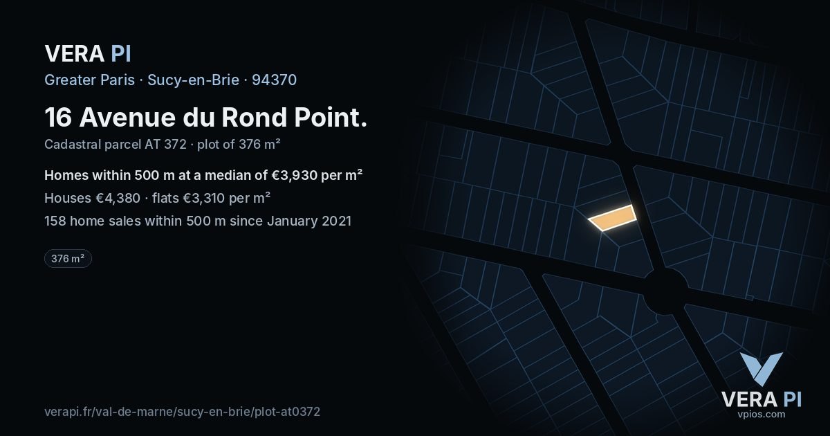 16 Avenue du Rond Point, Sucy-en-Brie at night – the plot lit, the parcels around coloured by the prices near them