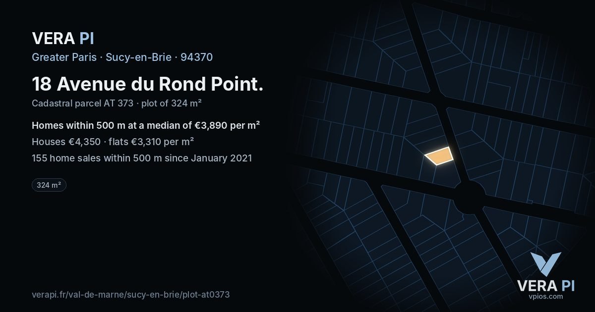 18 Avenue du Rond Point, Sucy-en-Brie at night – the plot lit, the parcels around coloured by the prices near them