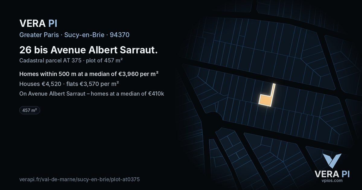 26 bis Avenue Albert Sarraut, Sucy-en-Brie at night – the plot lit, the parcels around coloured by the prices near them
