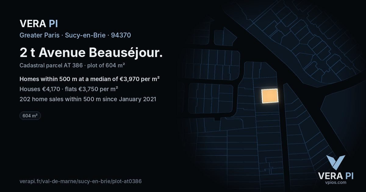 2 t Avenue Beauséjour, Sucy-en-Brie at night – the plot lit, the parcels around coloured by the prices near them