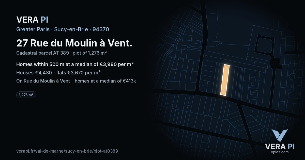 27 Rue du Moulin à Vent, Sucy-en-Brie at night – the plot lit, the parcels around coloured by the prices near them