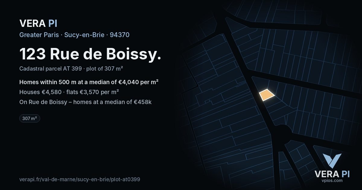 123 Rue de Boissy, Sucy-en-Brie at night – the plot lit, the parcels around coloured by the prices near them
