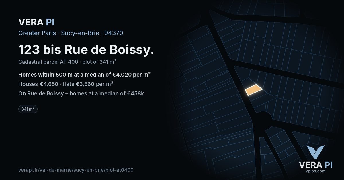 123 bis Rue de Boissy, Sucy-en-Brie at night – the plot lit, the parcels around coloured by the prices near them