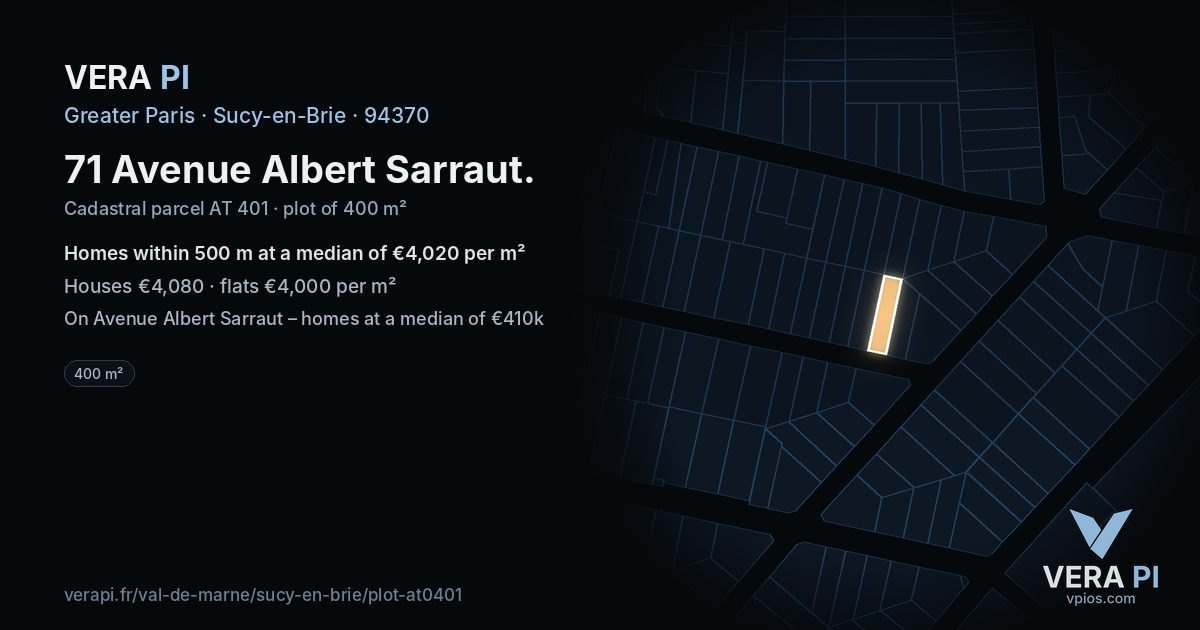 71 Avenue Albert Sarraut, Sucy-en-Brie at night – the plot lit, the parcels around coloured by the prices near them