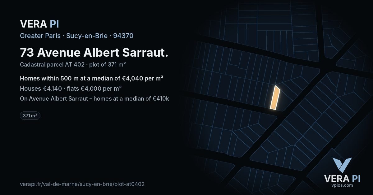 73 Avenue Albert Sarraut, Sucy-en-Brie at night – the plot lit, the parcels around coloured by the prices near them