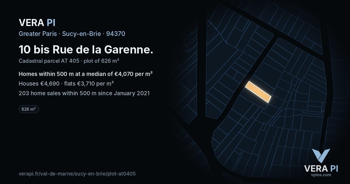 10 bis Rue de la Garenne, Sucy-en-Brie at night – the plot lit, the parcels around coloured by the prices near them