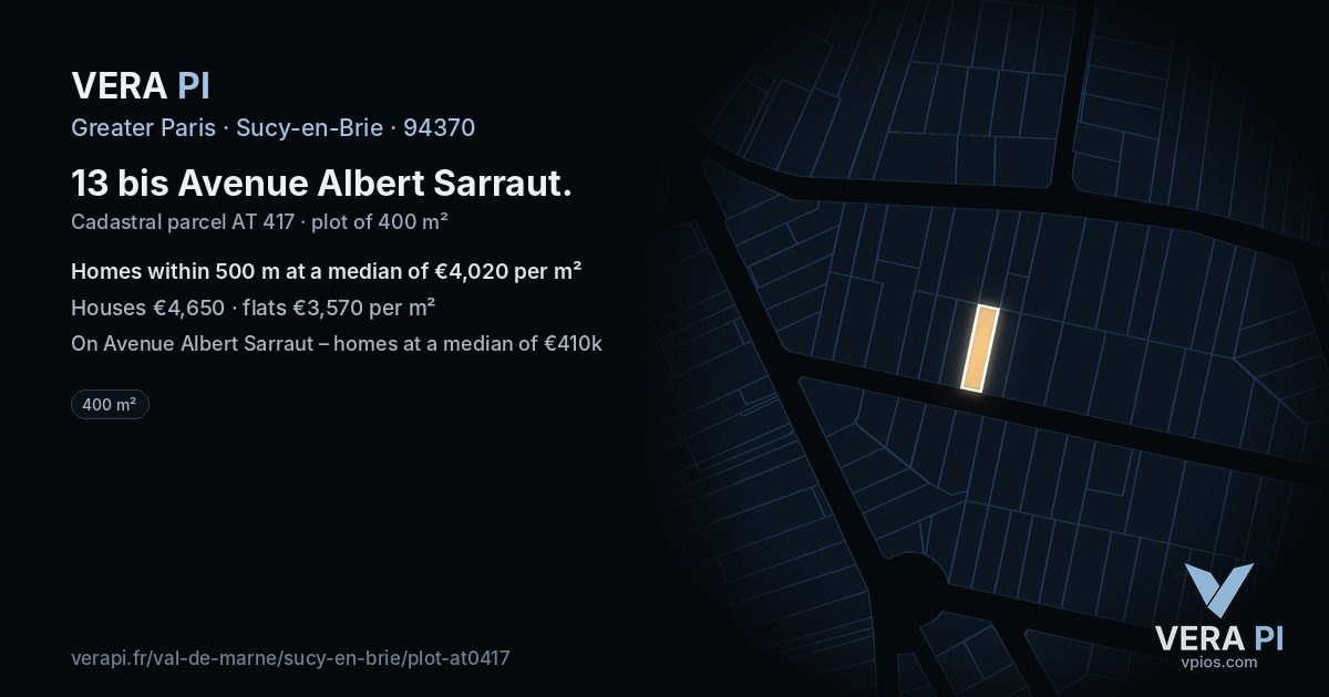 13 bis Avenue Albert Sarraut, Sucy-en-Brie at night – the plot lit, the parcels around coloured by the prices near them