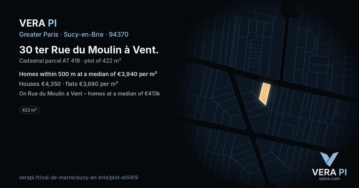 30 ter Rue du Moulin à Vent, Sucy-en-Brie at night – the plot lit, the parcels around coloured by the prices near them