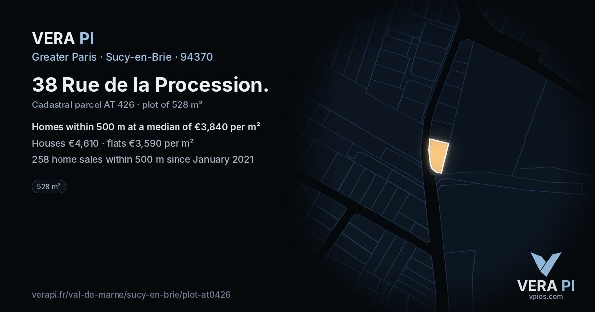 38 Rue de la Procession, Sucy-en-Brie at night – the plot lit, the parcels around coloured by the prices near them