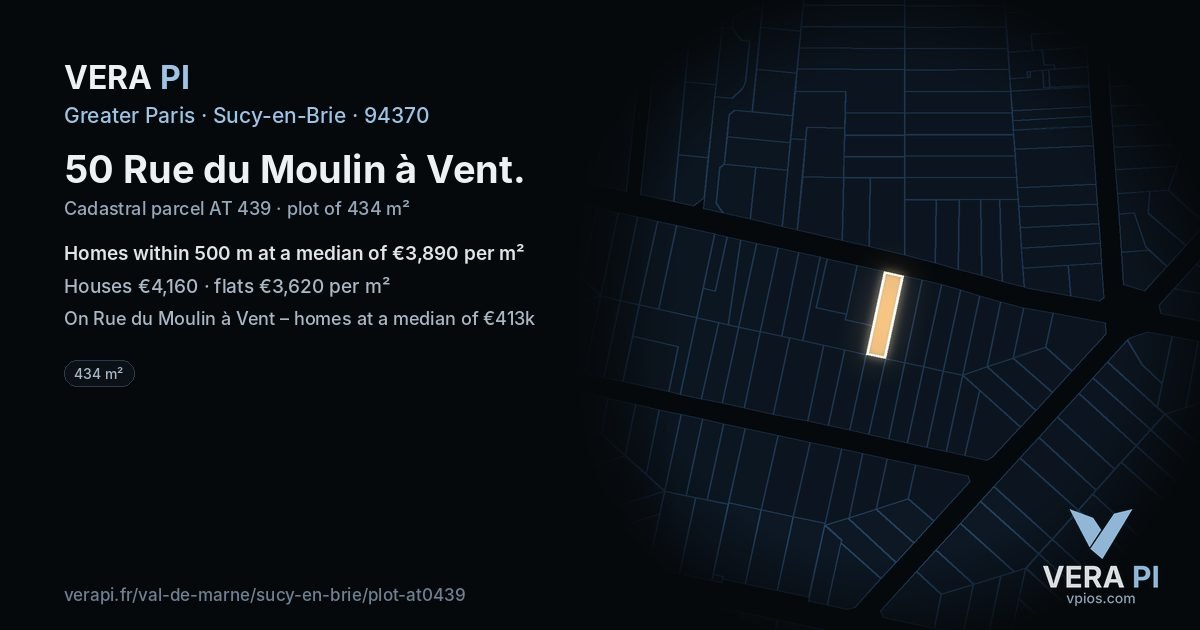 50 Rue du Moulin à Vent, Sucy-en-Brie at night – the plot lit, the parcels around coloured by the prices near them
