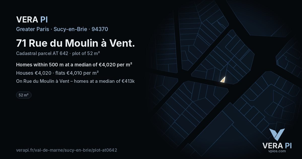 71 Rue du Moulin à Vent, Sucy-en-Brie at night – the plot lit, the parcels around coloured by the prices near them