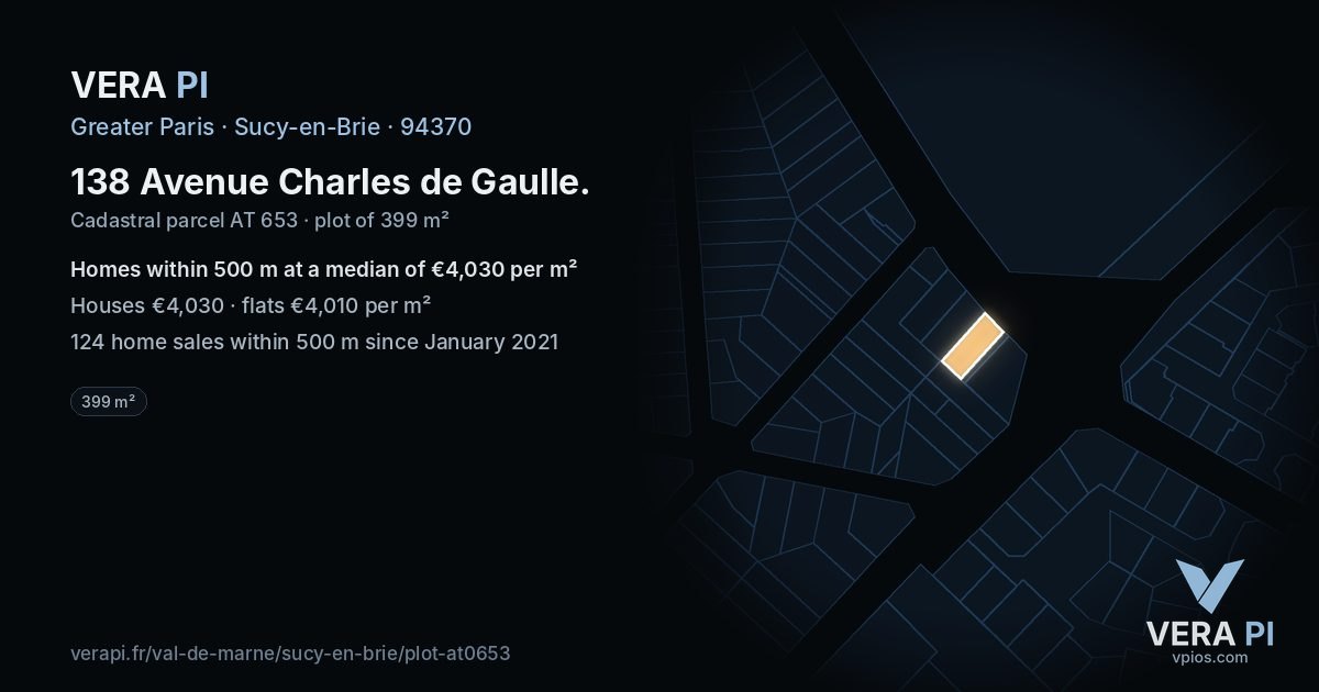 138 Avenue Charles de Gaulle, Sucy-en-Brie at night – the plot lit, the parcels around coloured by the prices near them