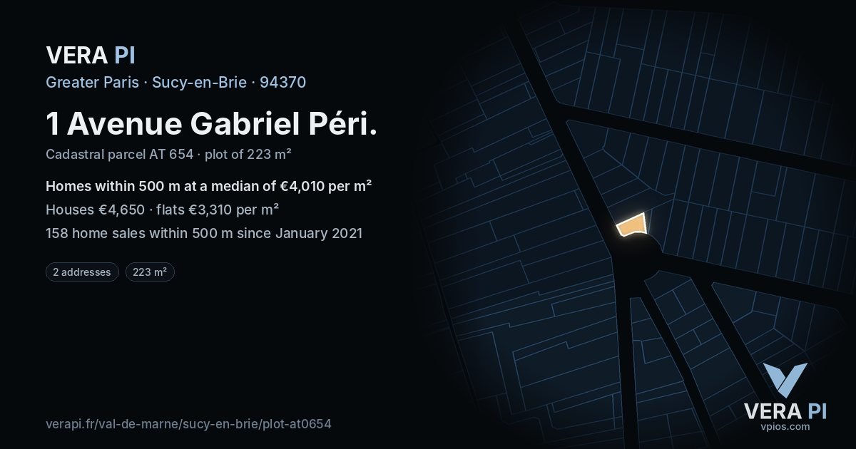 1 Avenue Gabriel Péri, Sucy-en-Brie at night – the plot lit, the parcels around coloured by the prices near them